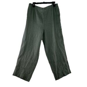 Eileen Fisher Sz L Puckered Linen Basil Green Crop Pants USA Made Elastic Waist